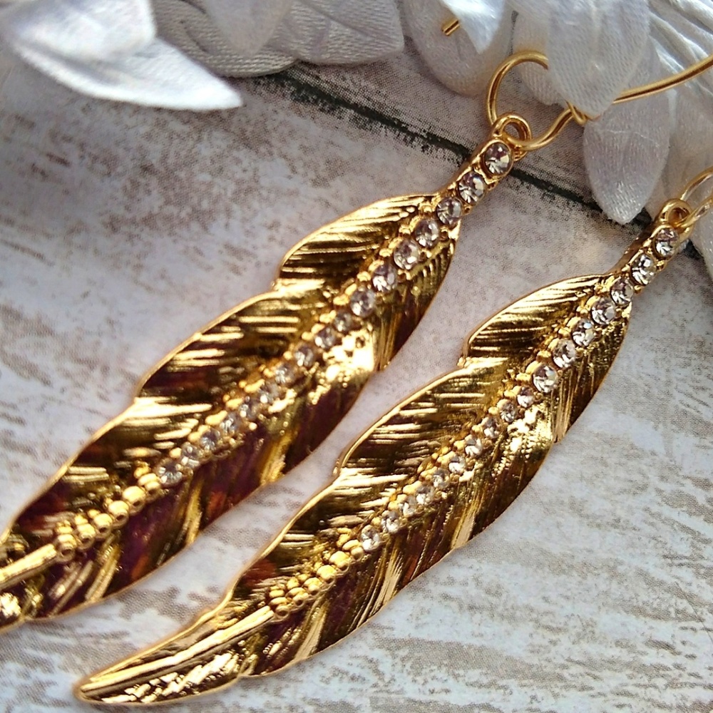 Gold Leaf Earrings with Zircon Bling - Picture 6 of 8